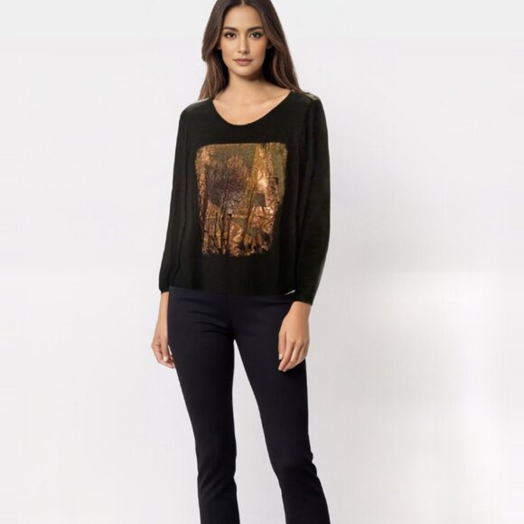 Graphic Jersey Top Black Gold Art Image Long Sleeve Size Large - Picture 2 of 6